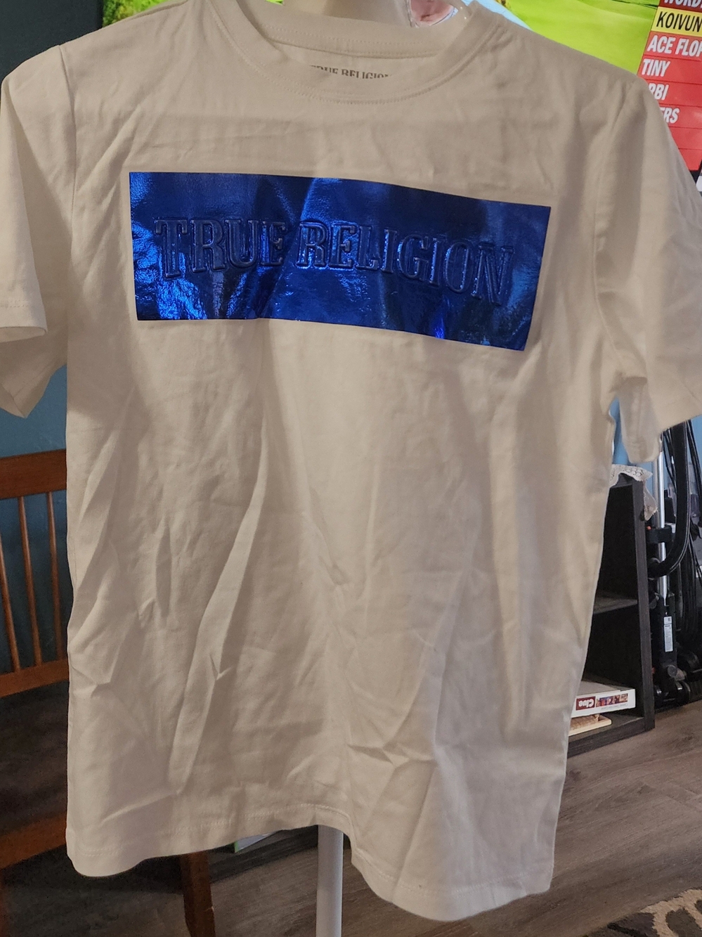 True Religion Kids White Tee with Shiny Blue Logo Sz Med 10/12
